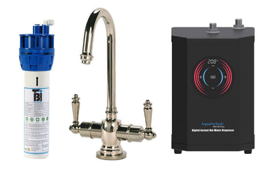 Filtration/Hot Water Combo - Traditional C-Spout Faucet With Digital Instant Hot Water Dispenser and Filtration System. Polished nickel