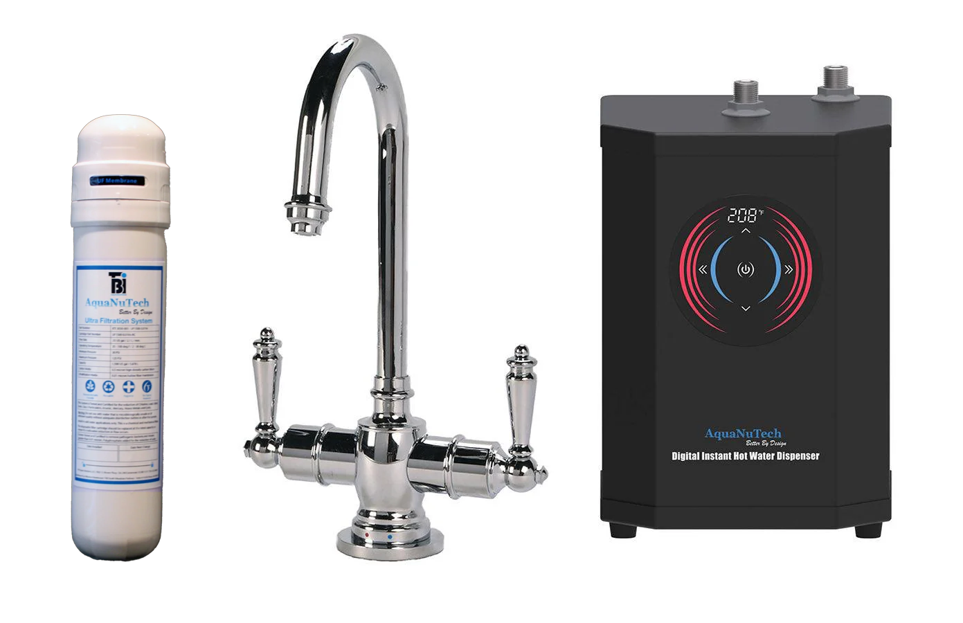 Filtration/Hot Water Combo Traditional C-Spout Faucet With Digital Instant Hot Water Dispenser and Filtration System