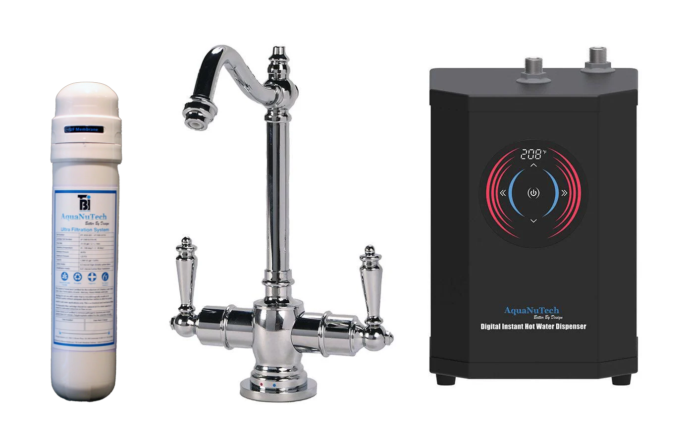 Filtration/Hot Water Combo Traditional Hook Spout Faucet With Digital Instant Hot Water Dispenser and Filtration System