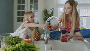 Kids using 4N1 Aqua-System kitchen faucet filtered water to rinse fruit