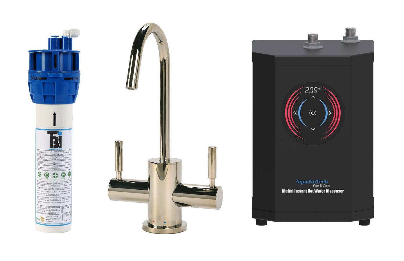 Filtration/Hot Water Combo - Contemporary C-Spout Faucet With Digital Instant Hot Water Dispenser and Filtration System. Polished nickel