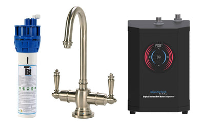 Filtration/Hot Water Combo - Traditional C-Spout Faucet With Digital Instant Hot Water Dispenser and Filtration System. Brushed nickel