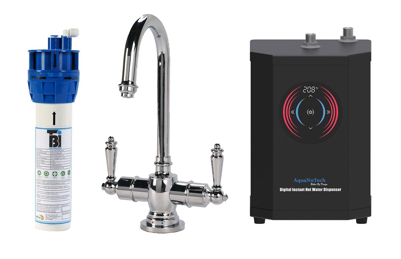 Filtration/Hot Water Combo - Traditional C-Spout Faucet With Digital Instant Hot Water Dispenser and Filtration System. Chrome