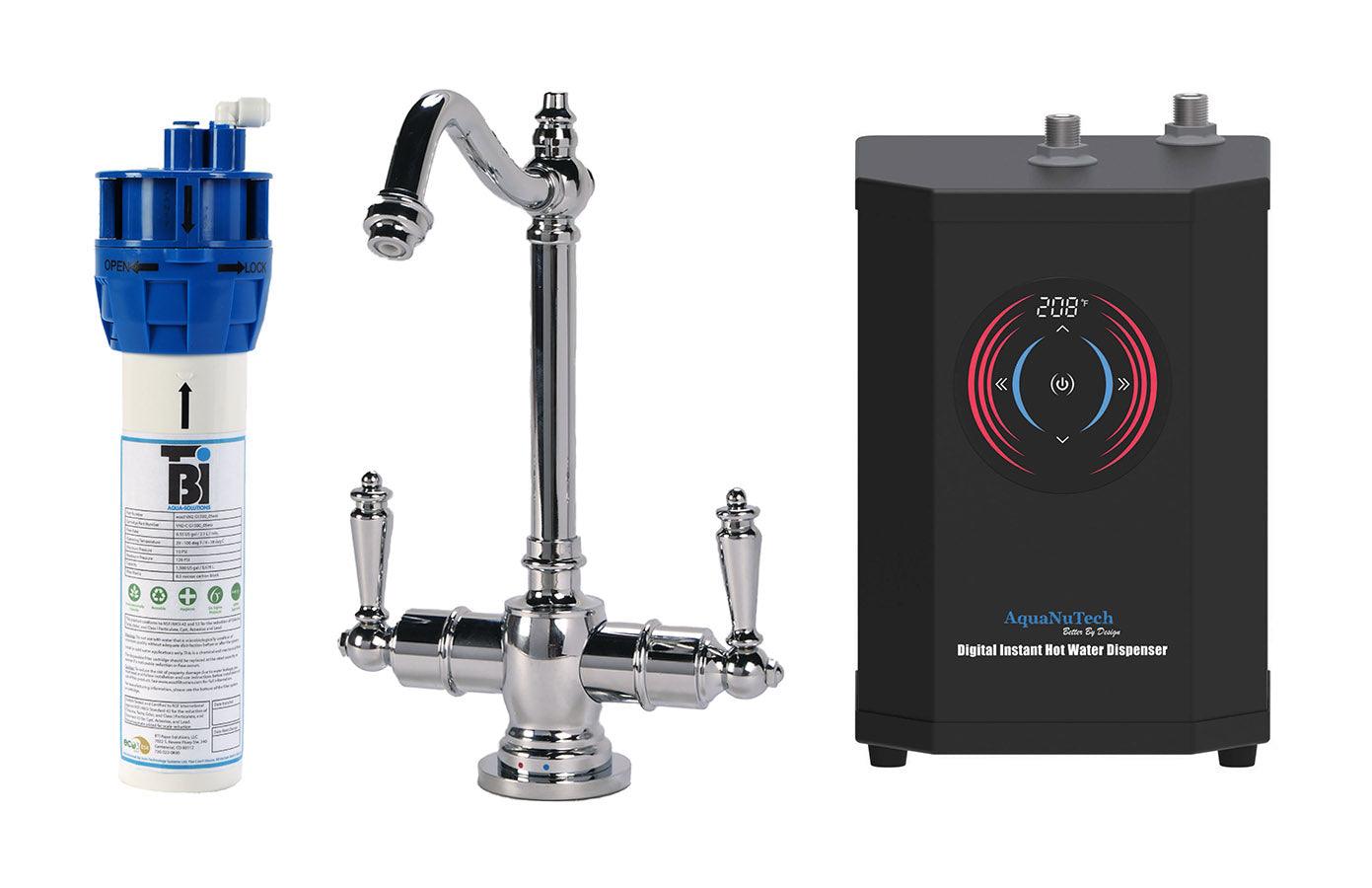 Filtration/Hot Water Combo - Traditional Hook Spout Faucet With Digital Instant Hot Water Dispenser and Filtration System. Chrome